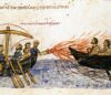 Depiction of Greek Fire being used for the first time at the First Arab Siege of Constantinople