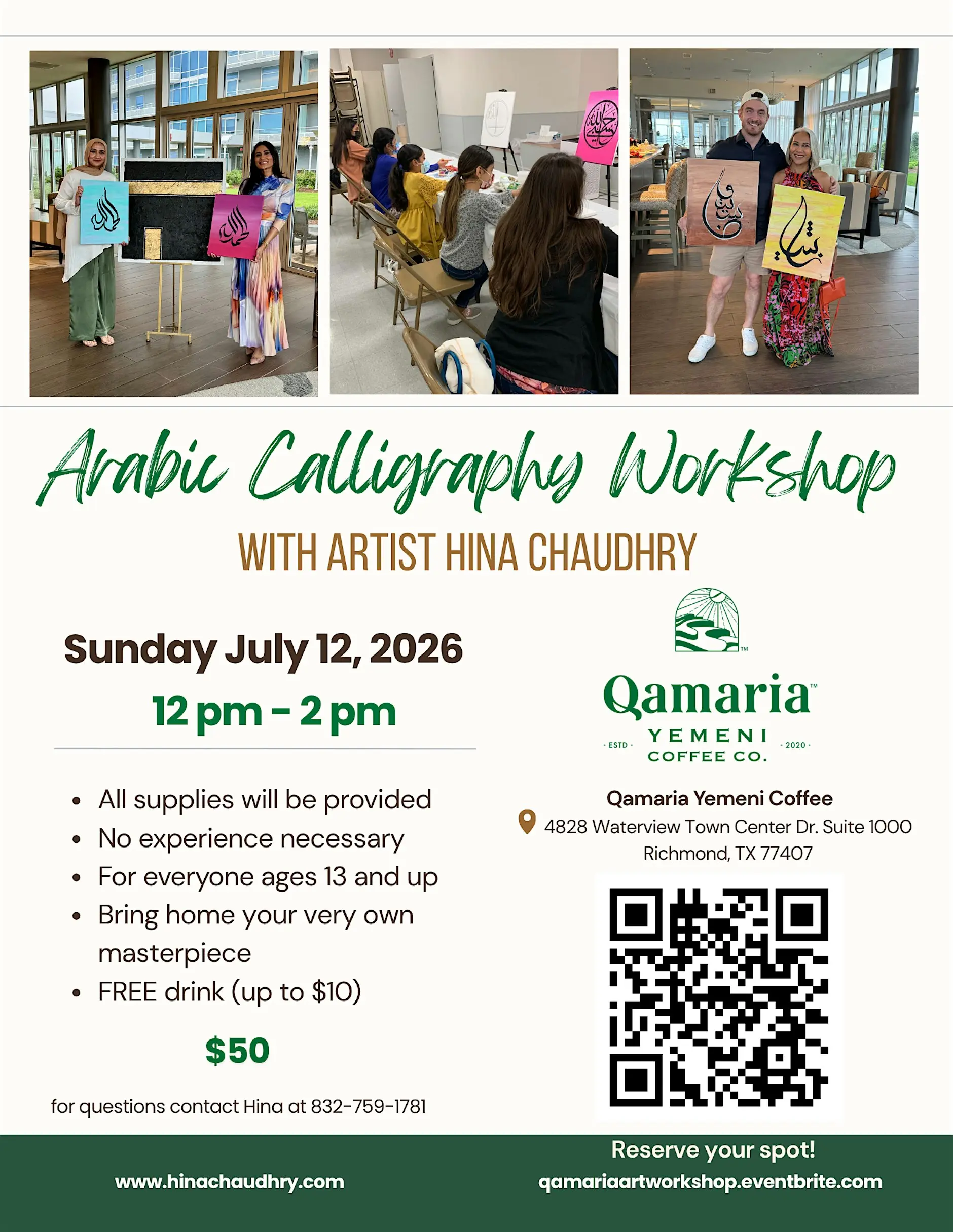 Arabic Calligraphy Workshop @ Qamaria Yemeni Coffee with Hina Chaudhry